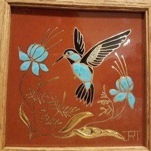 Vintage Cleo Teissedre 22kt Gold Hand Painted Framed Ceramic Art Tile humming bi
